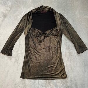 Y2K Unyx Top Women Sz M Metallic Gold Shimmer Drape Cowl Neck Holiday Party Glam